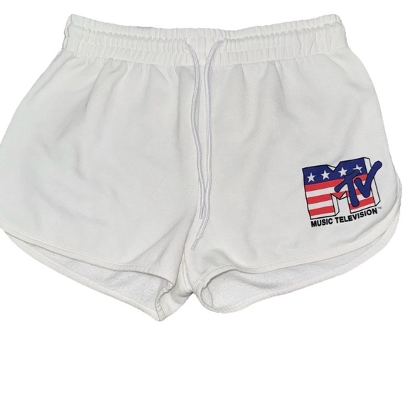 MTV Pants - MTV Medium White Casual Pull On Drawstring Shorts‎ American Flag Y2K Retro Style